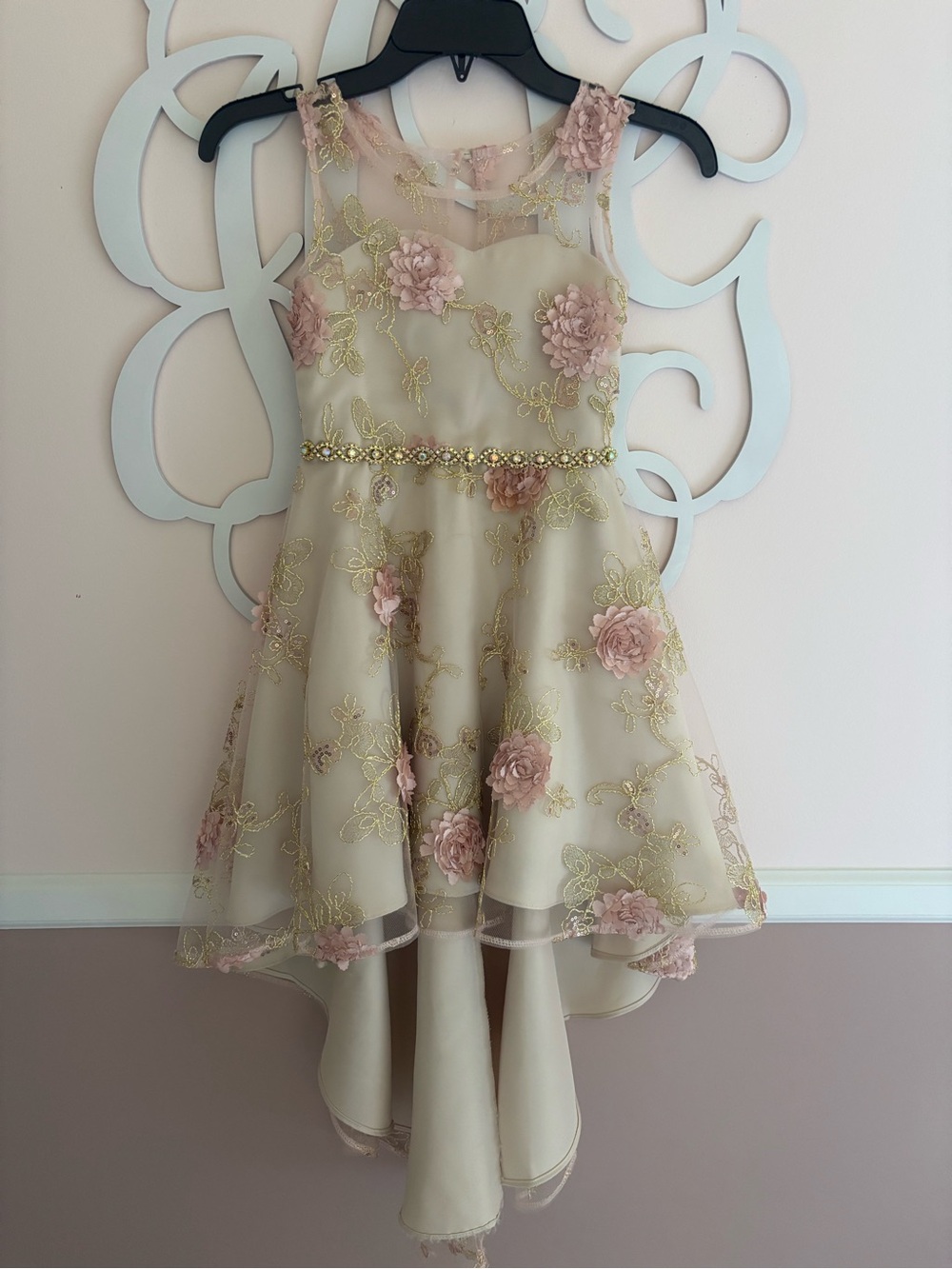 Rare Editions Cream High-Low Dress with Pink Floral Appliqués